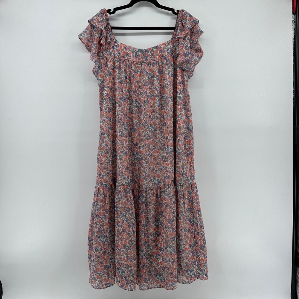 Calista Floral Flutter Sleeve Tiered Midi Dress Pink Purple FD41235 Size M